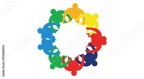 A vibrant circle of colorful human figures symbolizes unity teamwork and collaboration in a modern silhouette high quality