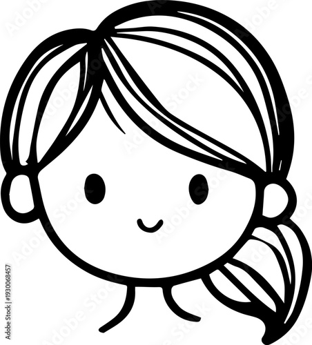 Hand Drawn Cute Cartoon Girl Black and White Avatar Illustration in Minimal Line Art Style Design