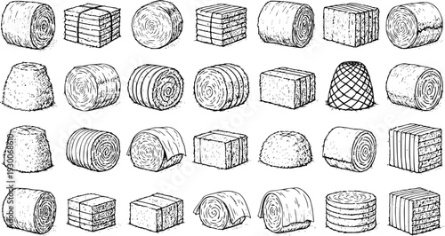 Set of various hand-drawn hay bales and stacks, showcasing different forms of harvested dry grass for agriculture and farming, in a black and white line art style.