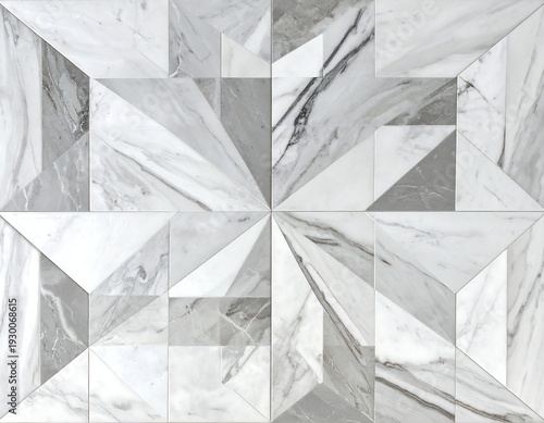 Geometric marble tile design with grayscale variations. Composed of triangular and trapezoidal shapes arranged in a symmetrical pattern