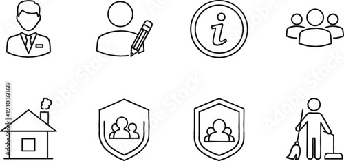 Community Service and Information Line Icon Set with Support, Protection, and Public Service Symbols