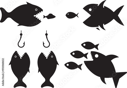 Predator-Prey Silhouette: An artistic black and white illustration showing the food chain with the hungry shark and the smaller fish, an evocative representation of the struggle for survival.