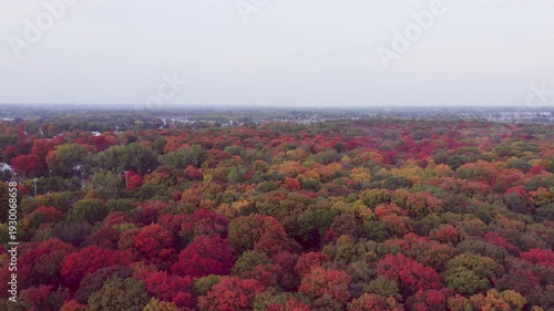 Rotating from right to left above the colorful trees in Fall on a very cloudy day