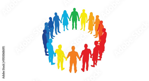 A diverse group of people holding hands in a colorful circle representing unity and community silhouette high quality