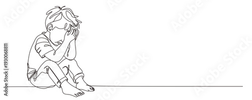 continuous single line drawing of sad or frustrated toddler boy sitting on floor hiding face behind hands  line art vector illustration