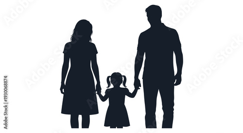 A family of three including a mother father and young daughter presented as a striking silhouette high quality