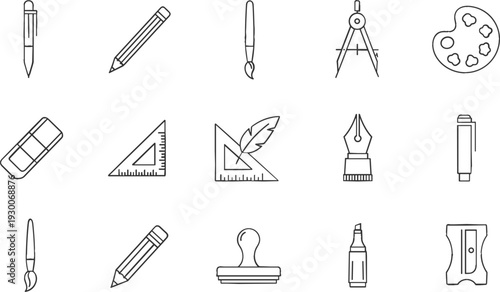 Art and Stationery Line Icon Set with Drawing Tools, Geometry Instruments, and Creative Design Elements