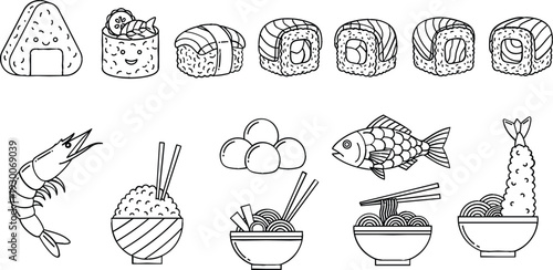 Sushi and Japanese Food Line Icon Set with Seafood, Ramen, and Traditional Asian Cuisine Illustrations