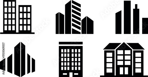 Collection of modern city building silhouettes and architectural icons