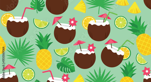 Tropical summer vector pattern with coconut drinks, pineapples, lime, and palm leaves
