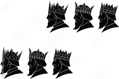 Male silhouettes wearing crowns, six figures in profile, black vector artwork, royal theme, king illustration, crown design, pattern recognition concept