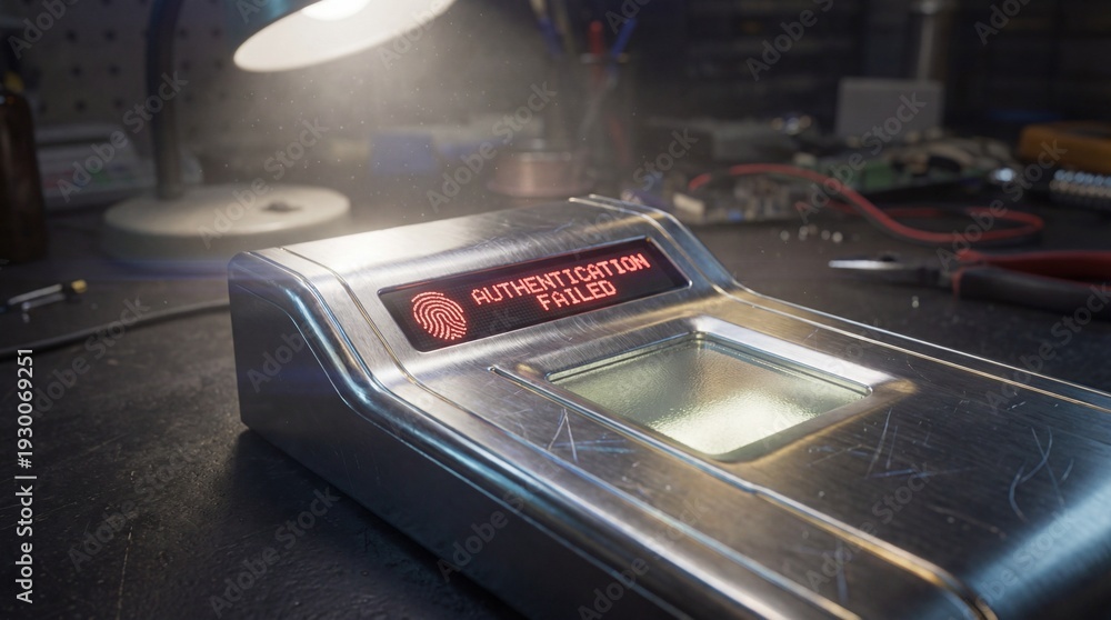 Fototapeta premium Examining a device with warning screen on a workbench under a lamp, low view