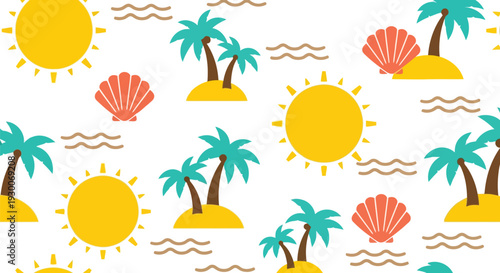 Seamless Summer Beach Vector Pattern with Sun, Palm Trees, Shells, and Ocean Waves