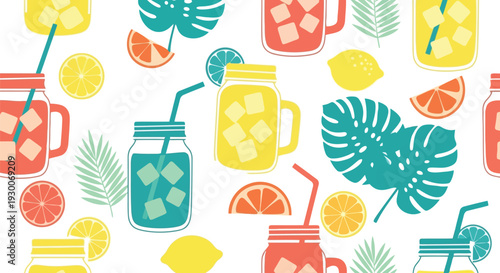 Summer tropical lemonade vector pattern with citrus fruits, mason jars, and palm leaves
