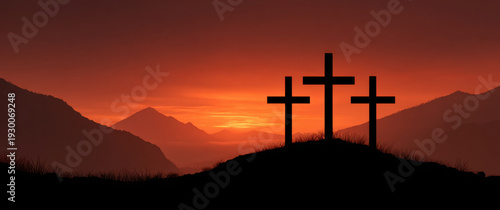 Three cross on hill sunset silhouette orange sky mountain landscape calm prayer reflection