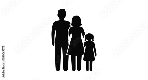 A stark black silhouette depicts a mother father and daughter standing closely together as a family silhouette