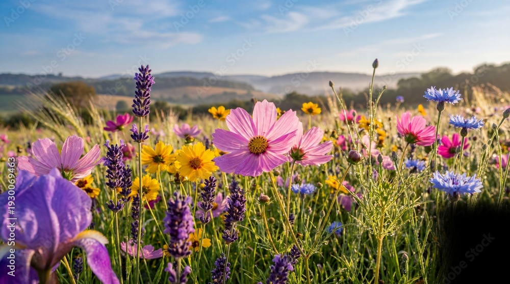 Fototapeta premium Vibrant flowers in a lush green meadow under a blue sky