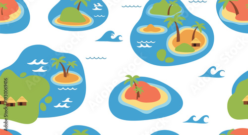 Tropical Island Vector Pattern Seamless Background with Palm Trees and Ocean Waves