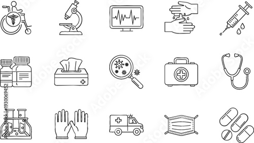 Medical and Healthcare Line Icon Set with Hospital Equipment, First Aid, and Diagnostic Tools for Digital Design