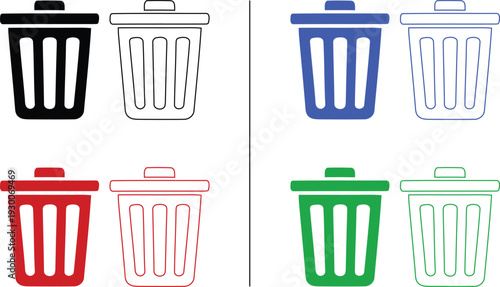 trash can and recycle bin icon isolated on white background, vector illustration of delete and garbage removal for software interface in colorful solid and outline styles.