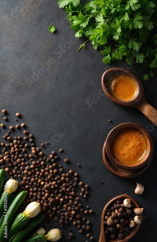 Culinary arrangement of fresh herbs cilantro, whole peppercorns, and a sauce in wooden bowls. Includes zucchini and garlic cloves on dark textured surface. Ideal for food blogs or recipe creators.