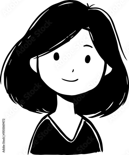 Hand Drawn Cute Cartoon Girl Black and White Avatar Illustration in Minimal Line Art Style Design