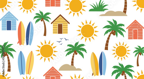 Summer beach vector pattern with palm trees, surfboards, sun, and huts seamless background