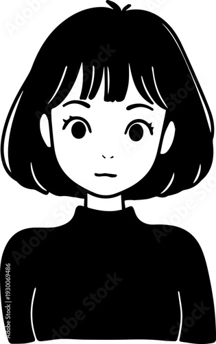 Hand Drawn Cute Cartoon Girl Black and White Avatar Illustration in Minimal Line Art Style Design