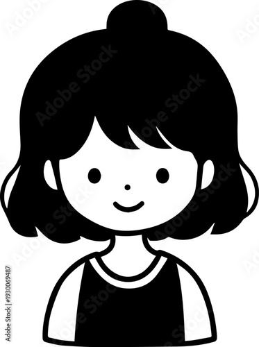 Hand Drawn Cute Cartoon Girl Black and White Avatar Illustration in Minimal Line Art Style Design