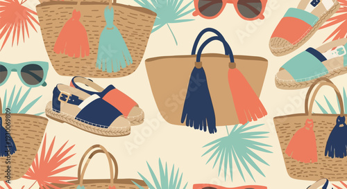 Summer Beach Accessories Vector Pattern with Straw Bags, Espadrilles, Sunglasses, and Palms
