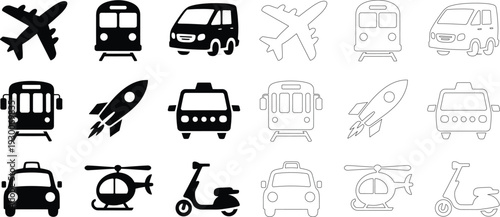 Assortment of transportation vehicles and aircraft in black and white