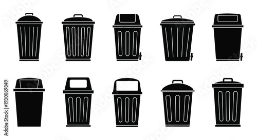 A collection of black trash cans in various designs and styles presented as a silhouette high quality professional