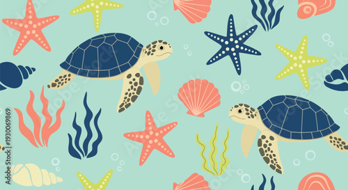 Sea Turtle and Starfish Vector Pattern with Seashells and Seaweed on Blue Background