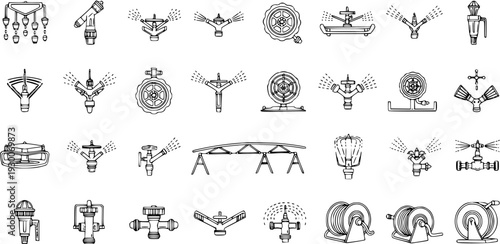 Line Art Icons Set of Various Irrigation and Watering Equipment: Sprinklers, Nozzles, Hose Reels, and Valves for Garden and Agriculture