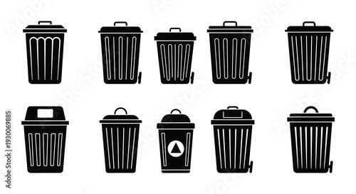 A collection of black trash cans and waste receptacles in various styles a simple silhouette high quality professional