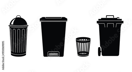 A collection of four black trash receptacles shown in a stark graphic silhouette high quality professional detailed modern