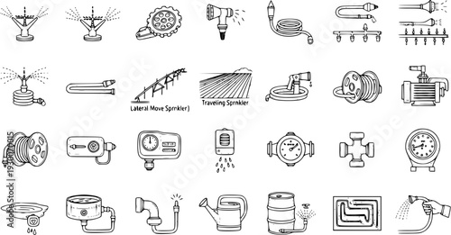 Irrigation System Icons: Hand-Drawn Set of Sprinklers, Hoses, Pumps, and Control Devices for Efficient Watering