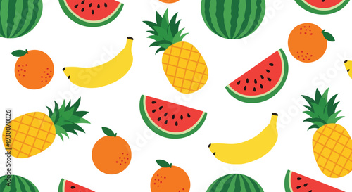 Seamless tropical fruit vector pattern with watermelon, pineapple, banana, and orange