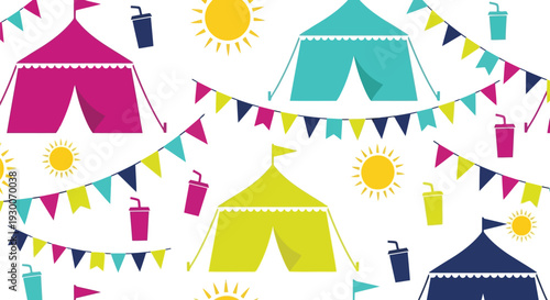 Colorful Summer Festival Tent Vector Pattern with Bunting and Sun Elements