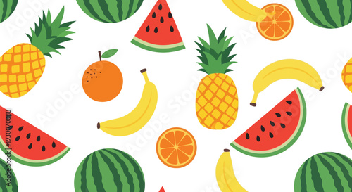 Seamless Tropical Fruit Vector Pattern with Watermelon, Pineapple, Banana, and Orange