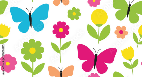 Colorful Butterfly and Flower Vector Pattern for Spring and Summer Designs