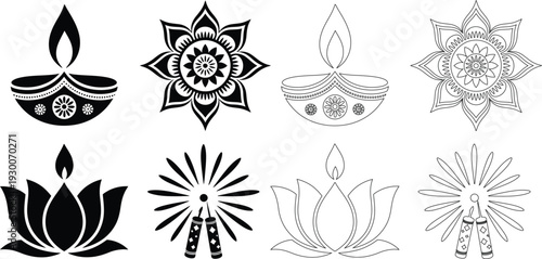 Diwali festival in black and white, showcasing oil lamps, floral patterns, lotuses, and firecrackers