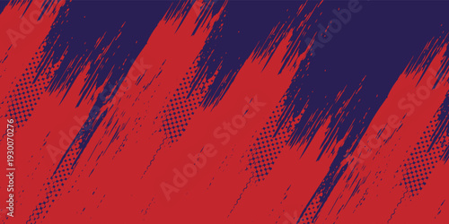 Abstract Red and Navy Diagonal Brush Stroke Background With Grunge Texture and Halftone Accents eps10