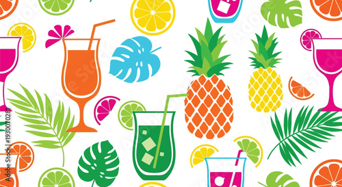Tropical Summer Vector Pattern with Pineapples, Citrus Fruits, Cocktails, and Palm Leaves