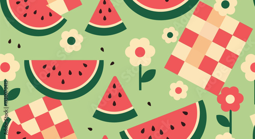 Summer picnic seamless vector pattern with watermelon slices, flowers, and checkered napkins