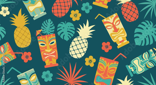 Tiki mask and pineapple seamless vector pattern with tropical leaves and flowers, retro summer design