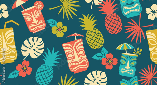 Tiki mask and pineapple seamless vector pattern with tropical leaves and flowers
