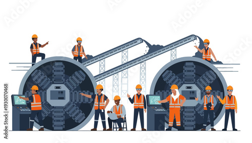 Workers operating industrial machinery in factory.