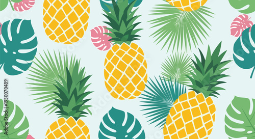 Tropical pineapple vector pattern with palm leaves seamless summer background illustration