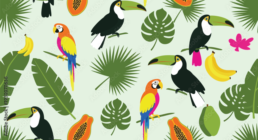 Obraz premium Tropical birds and fruits seamless vector pattern with toucans, parrots, and jungle leaves